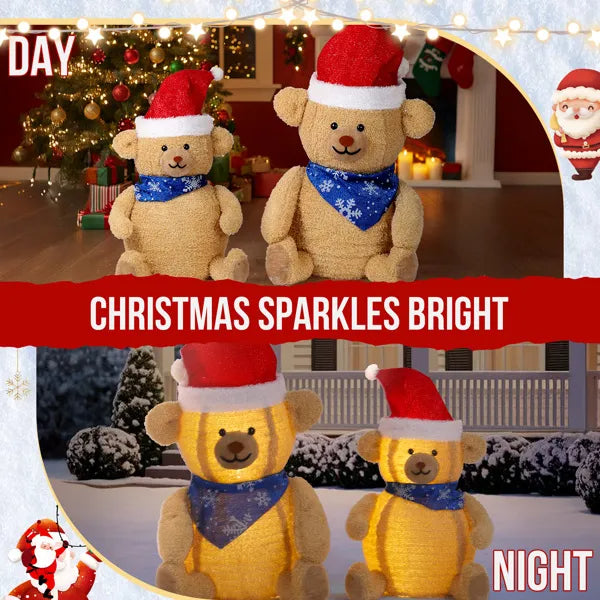 Set of 2 Lighted Plush Bear Christmas Decorations with 60 LED Lights