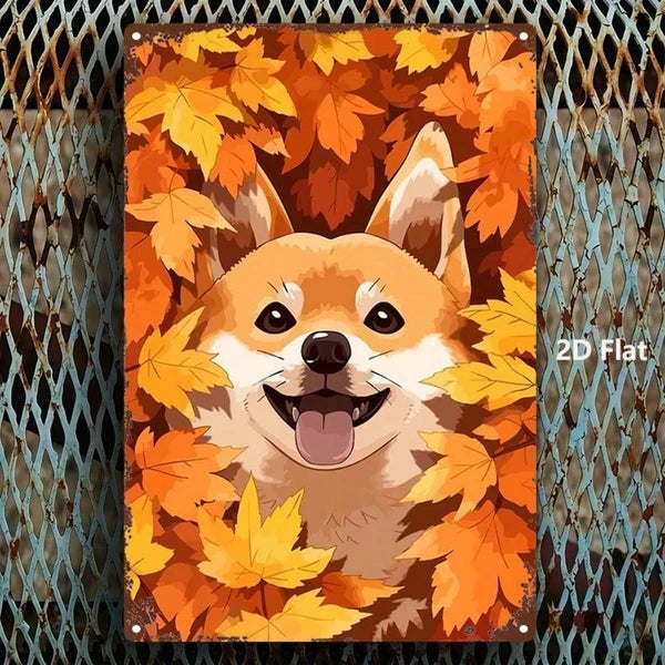 Cute Shiba Inu Metal Sign - Autumn Leaves Wall Art Decor