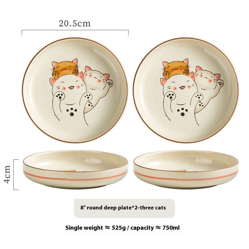 Ceramic Cat Plate Set - Deep Round Dinnerware for Home & Gift