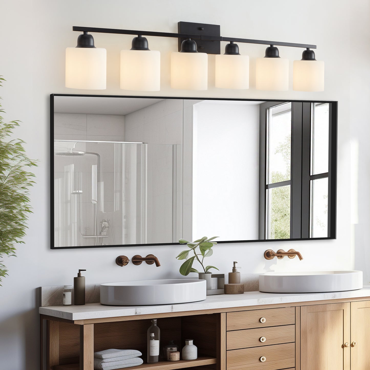 6-Light Matte Black Bathroom Vanity Light Fixture with Glass Shades