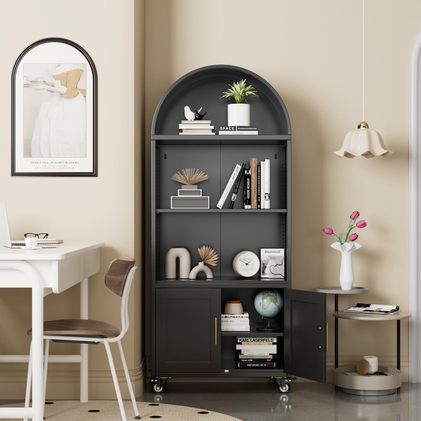 Metal Arched Bookcase on Wheels - Black with 2 Adjustable Shelves