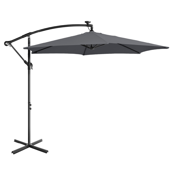 10FT Round Hanging Patio Umbrella with LED Lights & Stand - Gray