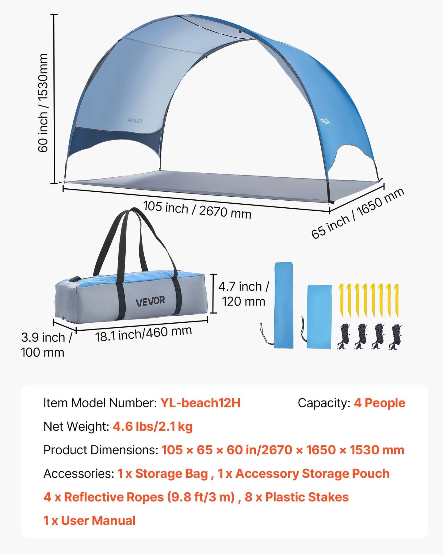 Portable 4-Person Beach Tent Sun Shelter with UPF 50+ & Ground Stakes