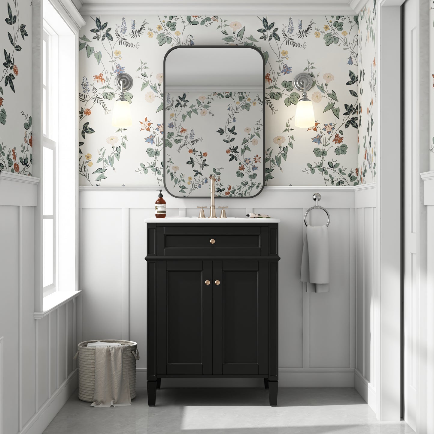 24" Black Bathroom Vanity with Soft-Close Doors & Storage