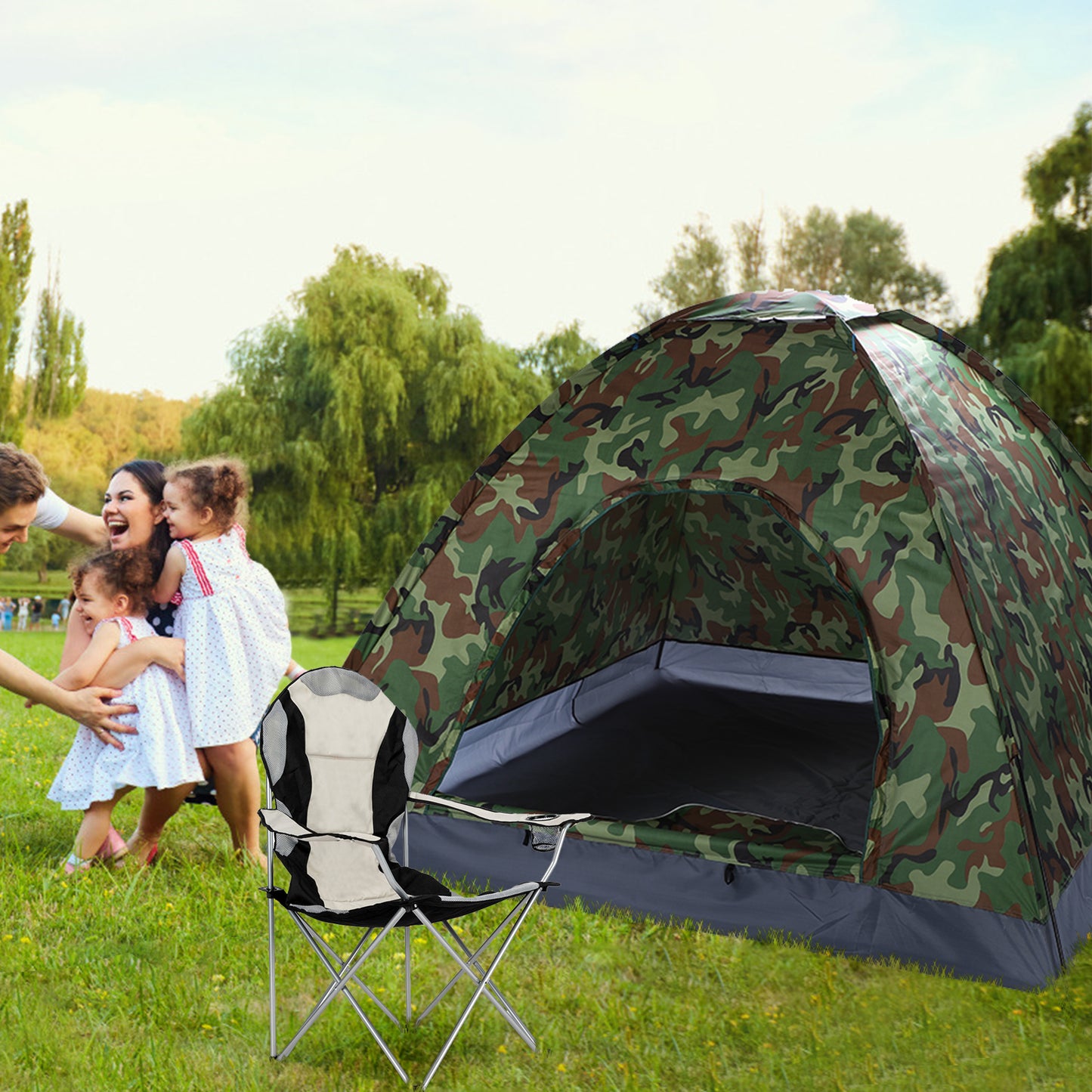 Medium Camping Chair - Grey Iron Frame, Off-White Fabric