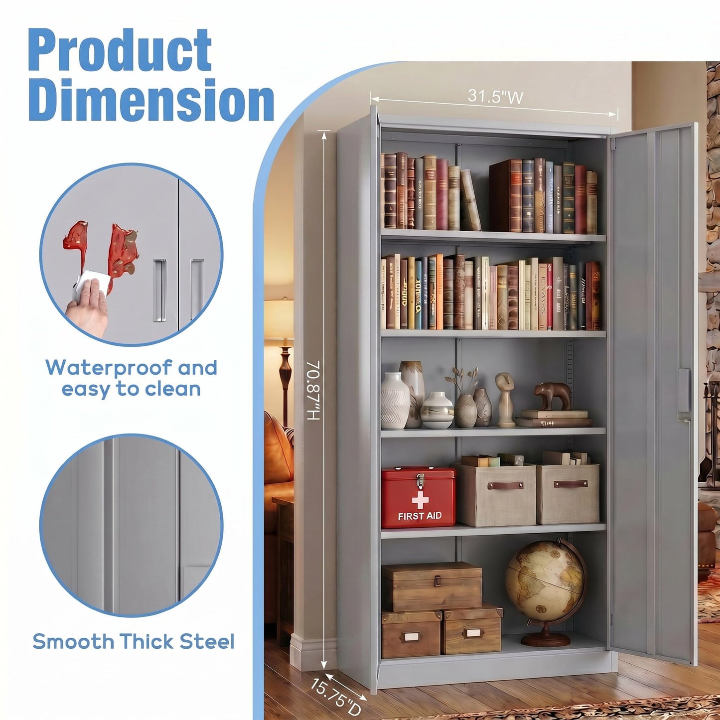 Lockable Metal Garage Storage Cabinet with 4 Adjustable Shelves - Gray