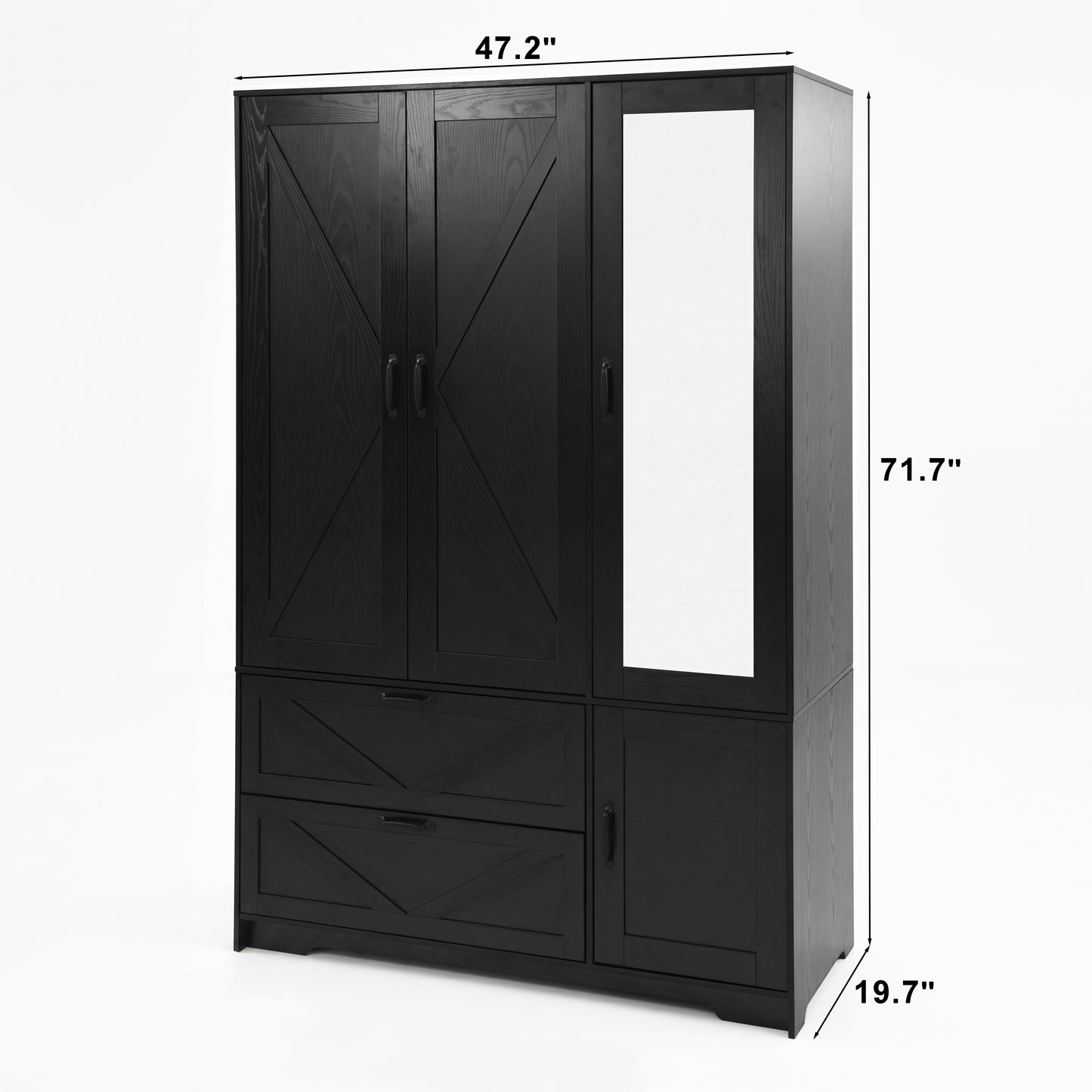 Black 4-Door Wardrobe Closet with Mirror & LED Lighting
