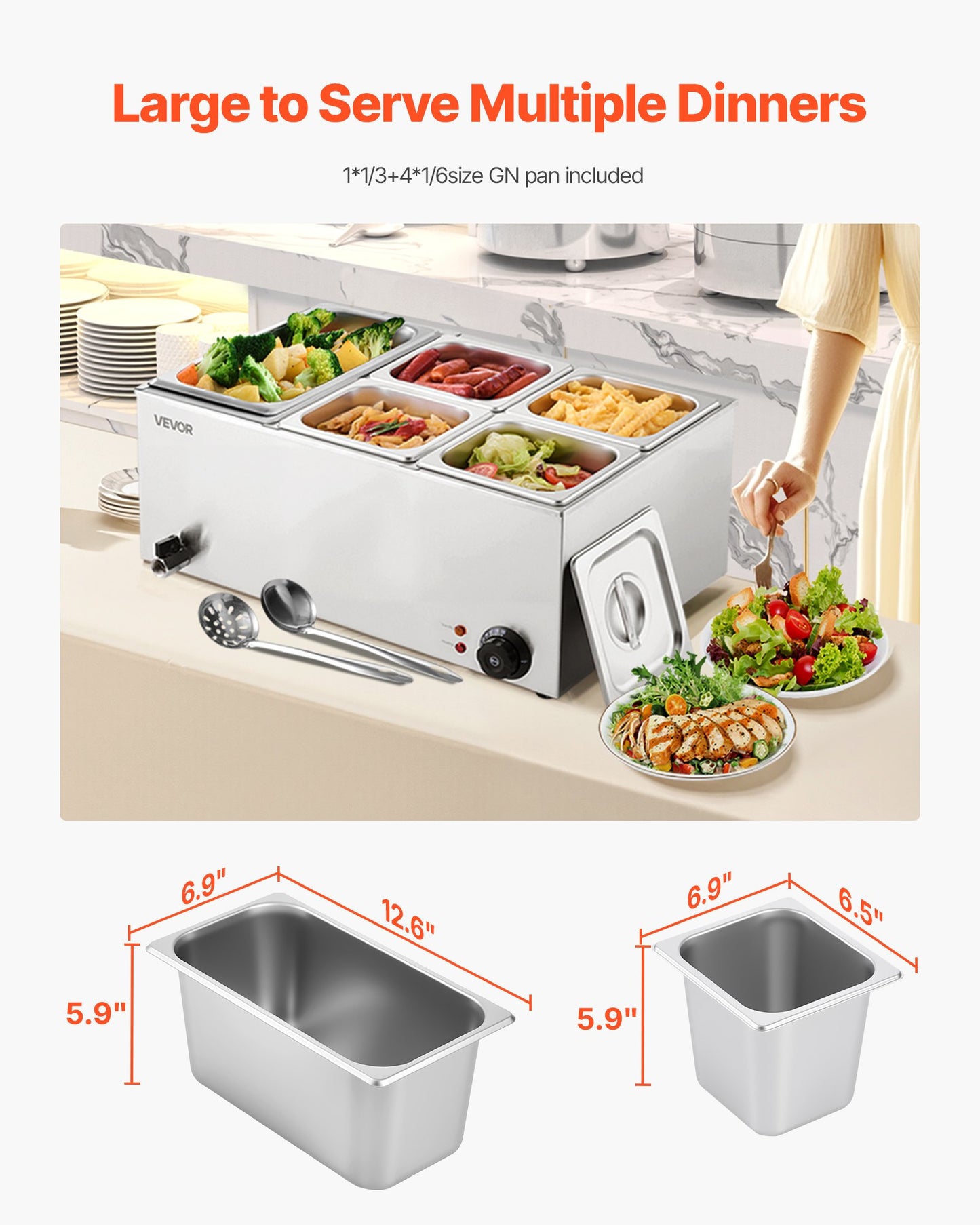 Commercial Food Warmer 5-Pan Countertop Buffet Bain Marie - Silver