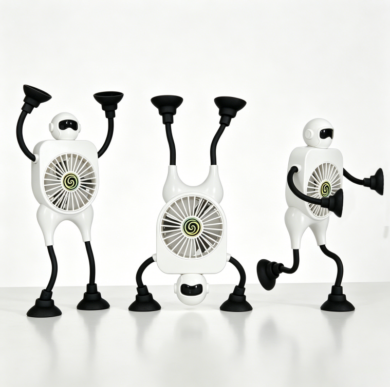 Rechargeable 2000mAh Mini Fan with Suction Cup & Flexible Arms - White