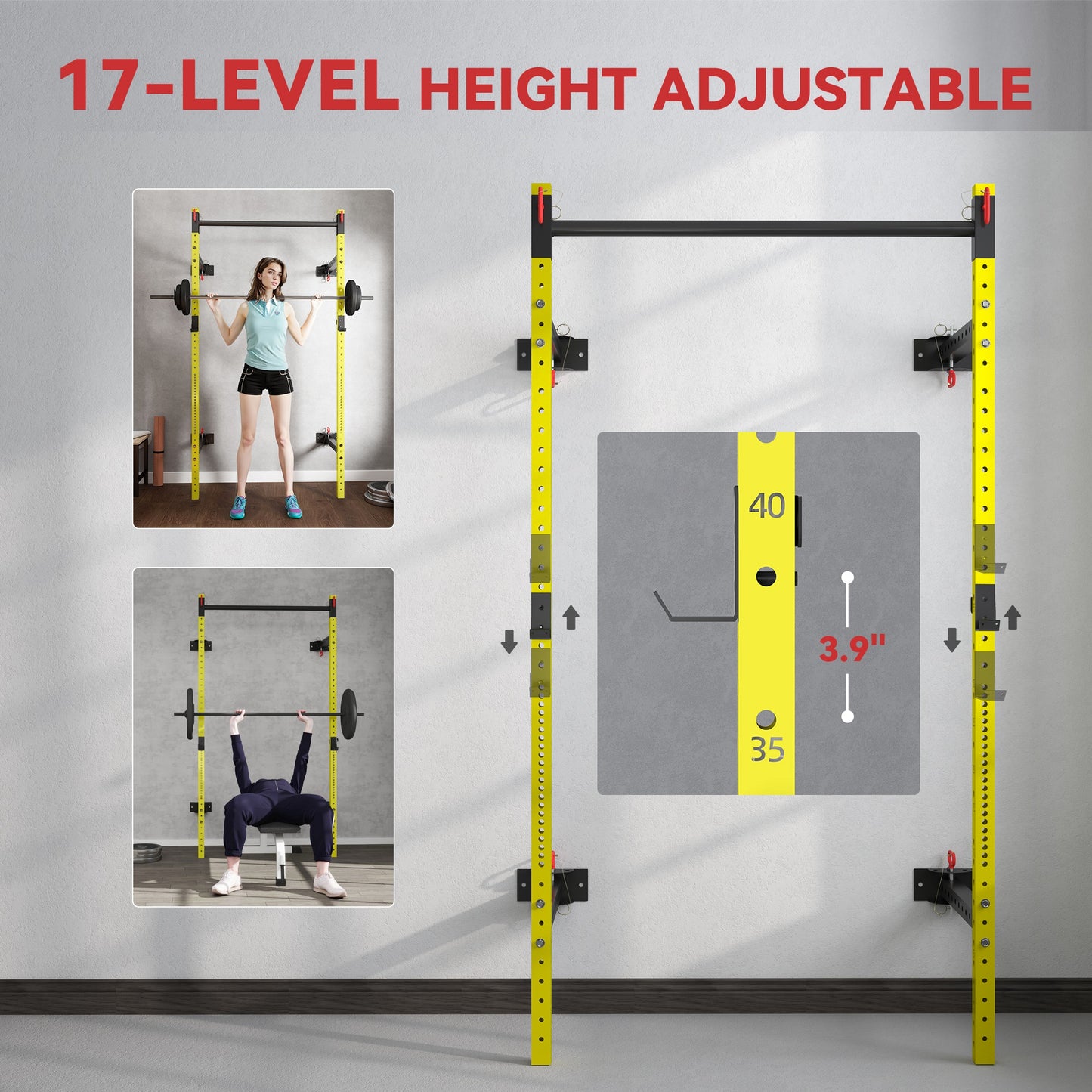 Adjustable Wall-Mounted Folding Squat Rack with Pull-Up Bar - Yellow