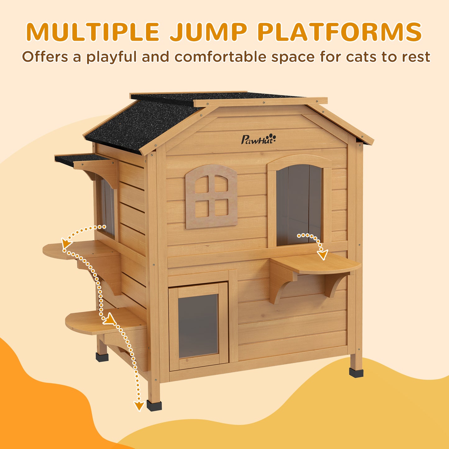 Outdoor Wooden Cat House with Escape Door Asphalt Roof 4 Platforms - Natural Yellow
