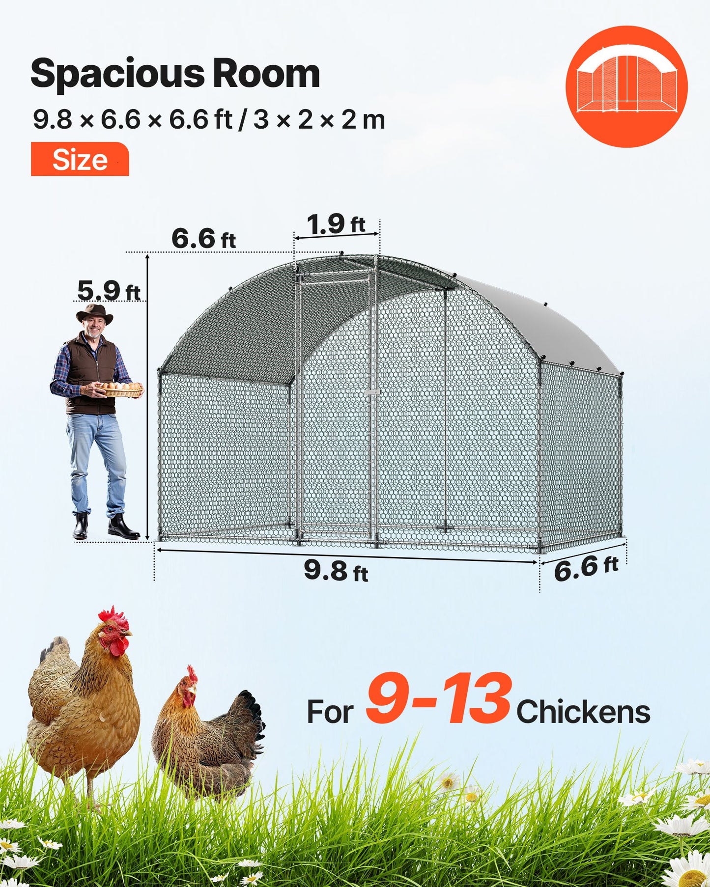 Large Galvanized Metal Chicken Coop with Cover 9.8x6.5ft Walk-In Poultry Pen