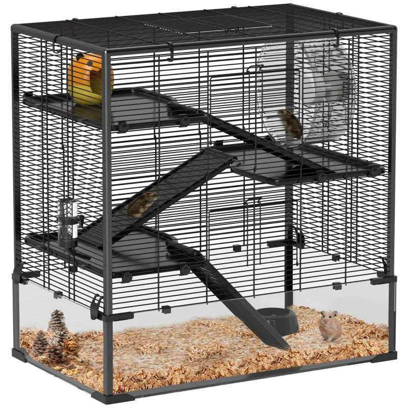 Multi-Level Hamster Cage with Tempered Glass Bottom, Running Wheel & Hut