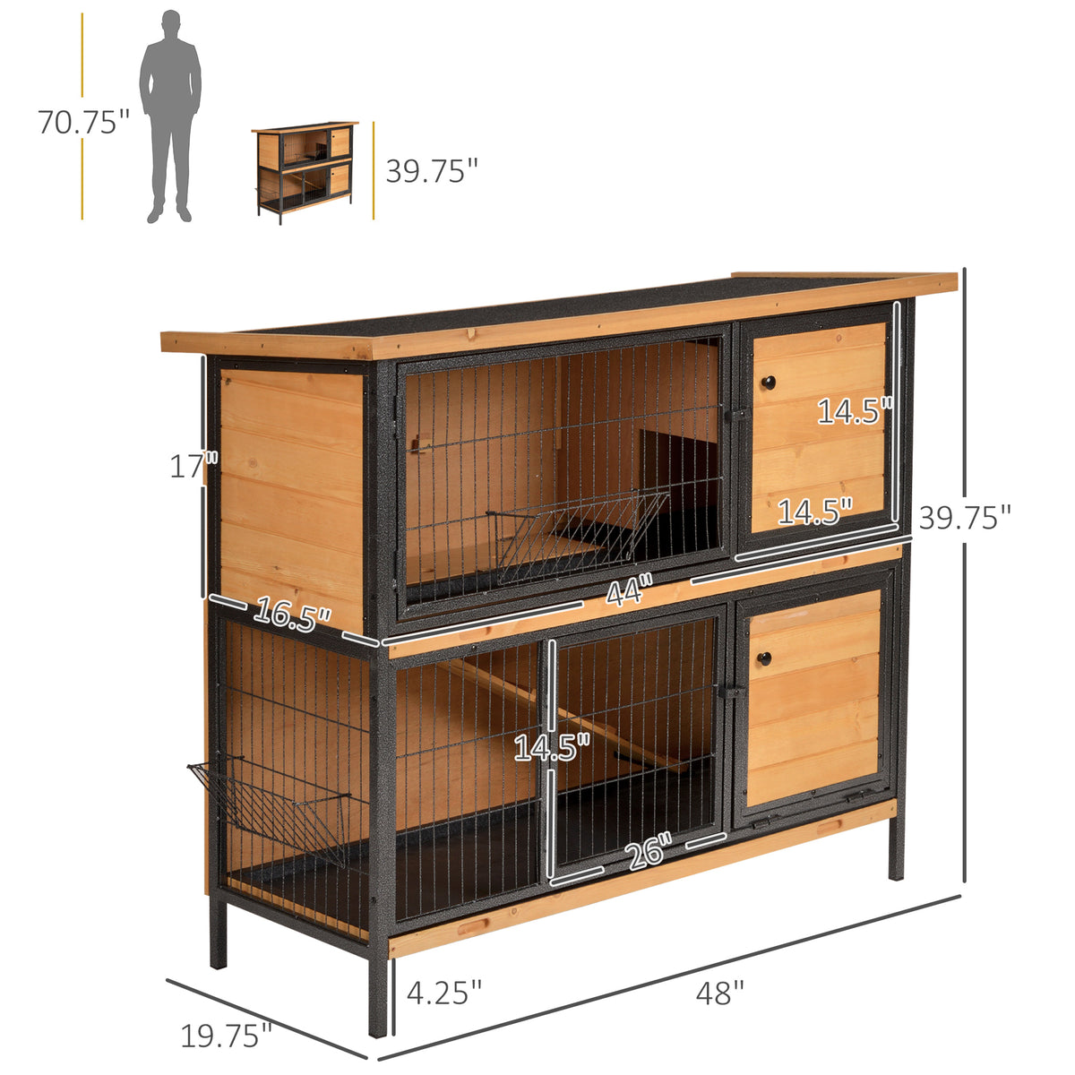 Large Wooden Rabbit Hutch 48 Inch Two-Story Pet House with Ramp & Waterproof Roof