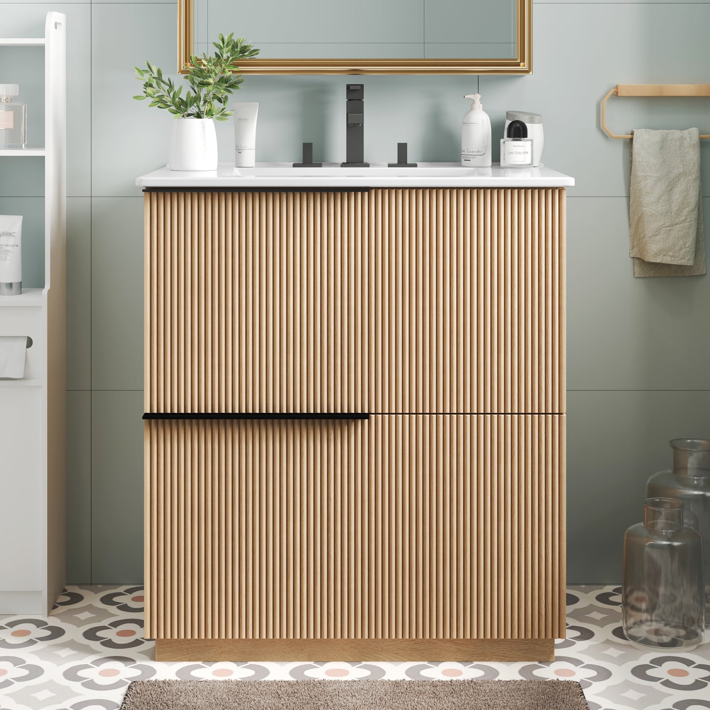 30" Bathroom Vanity with Ceramic Sink & Full-Extension Drawers - Natural