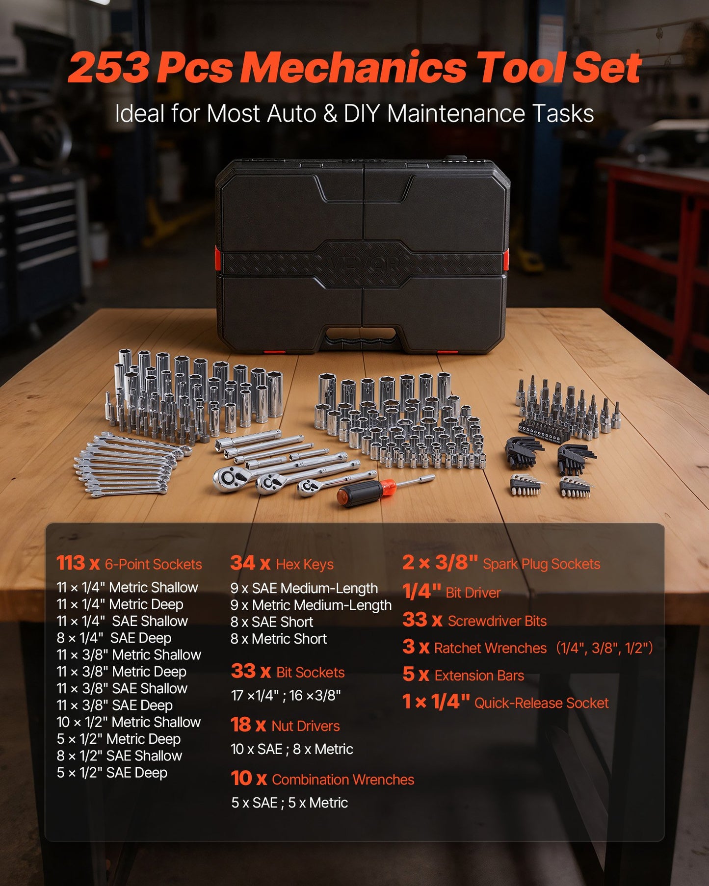 253-Piece Automotive & Home Repair Mechanic Tool Set - SAE & Metric, Durable CR-V Steel, Black