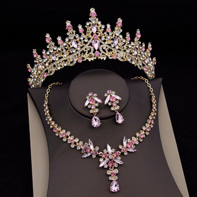 Luxury Bridal Jewelry Set with Tiara Crown Necklace and Earrings - Multiple Colors