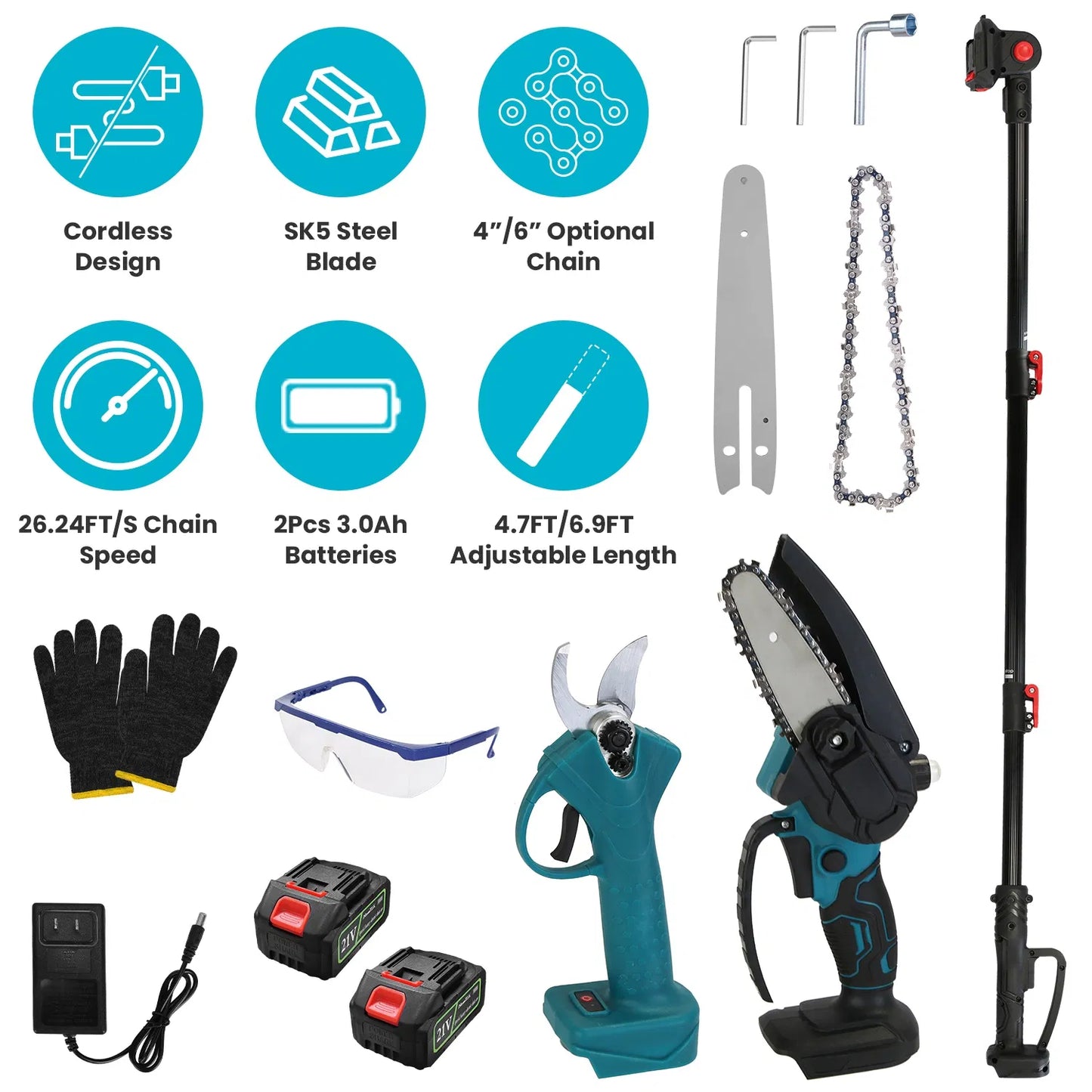 4-in-1 Cordless Pole Pruning Shears & Tree Trimming Saw with Adjustable Angles