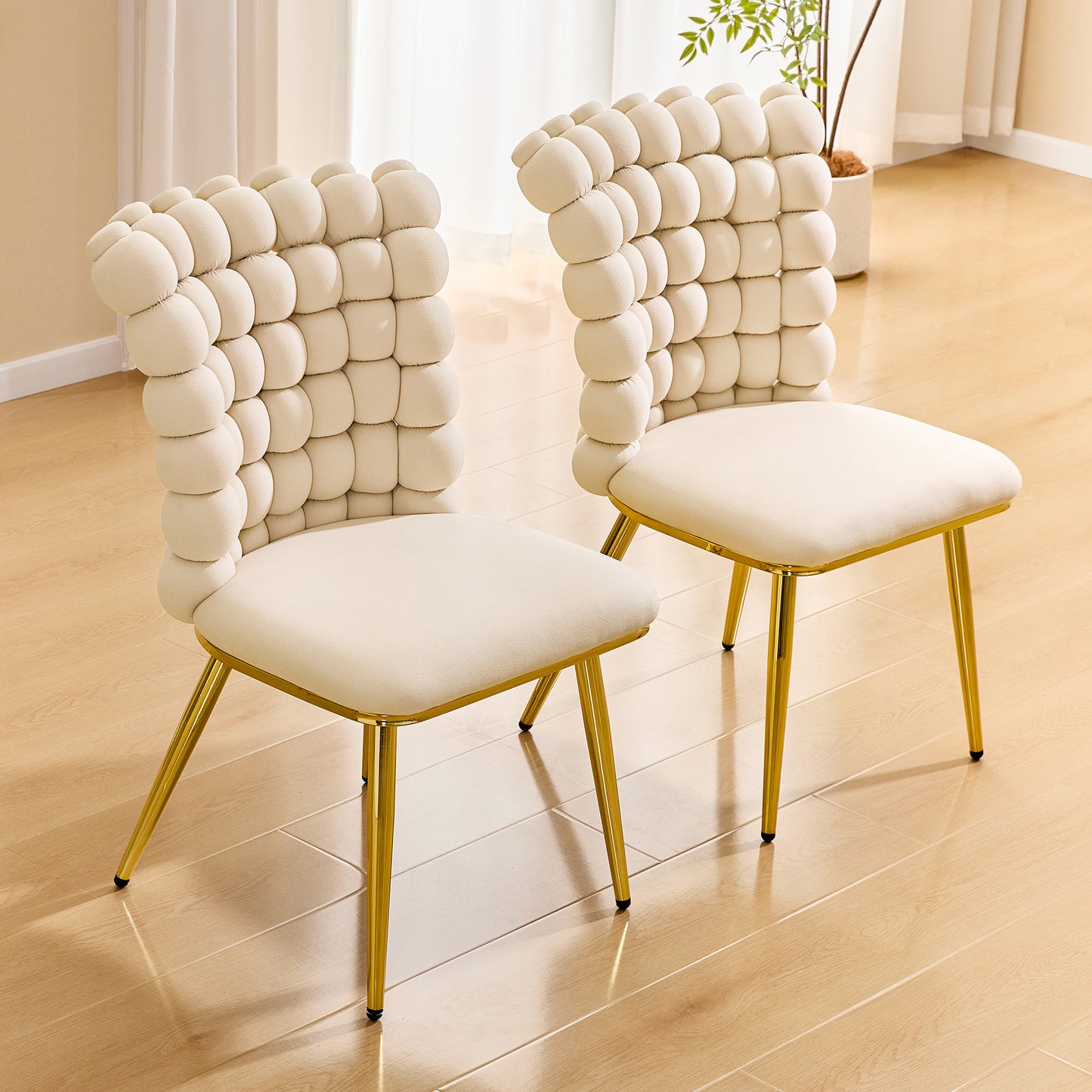 Set of 2 Cream Bubble Tufted Swivel Chairs - Velvet Accent Chairs with Gold Frame