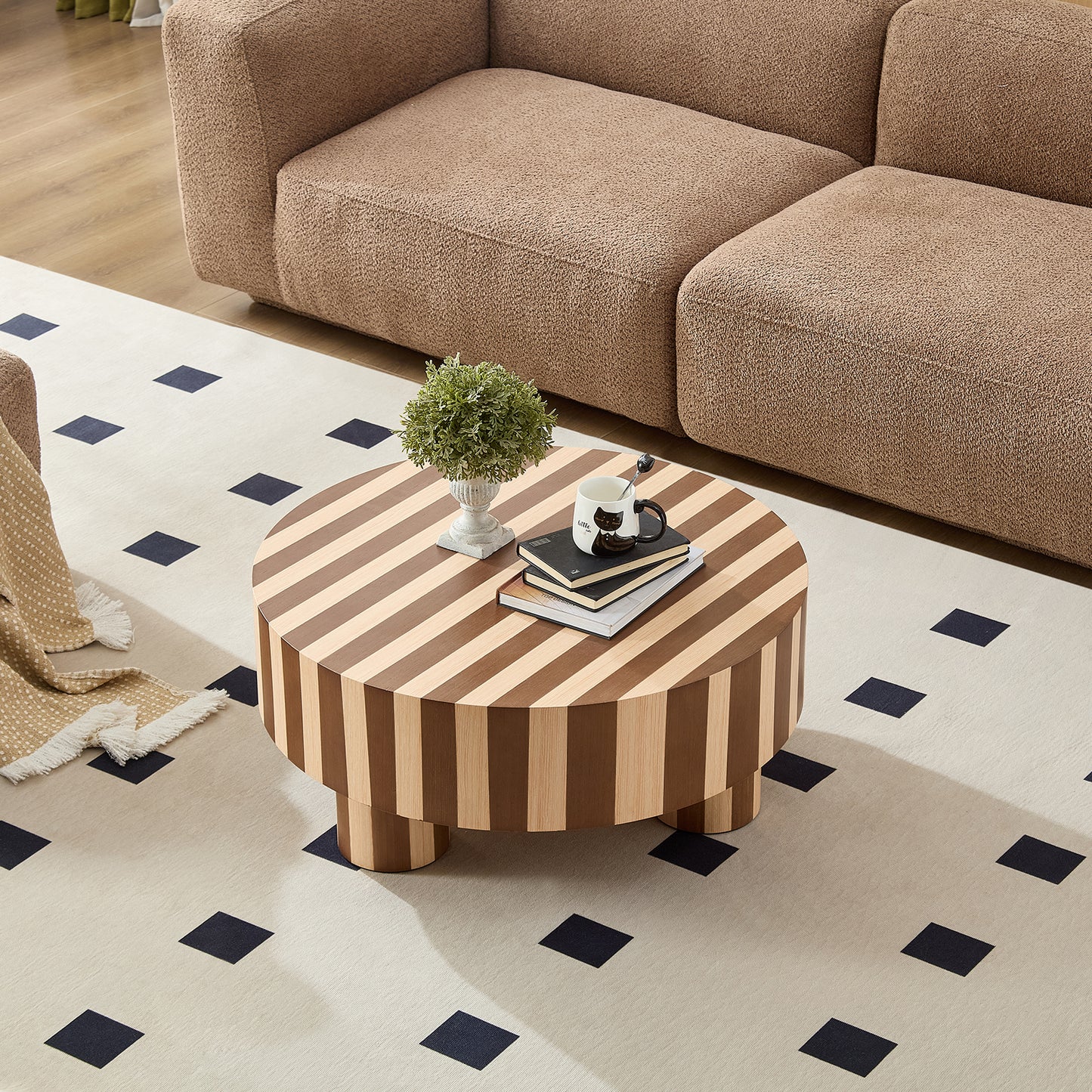 Round Wood Coffee Table, Natural Finish For Living Room