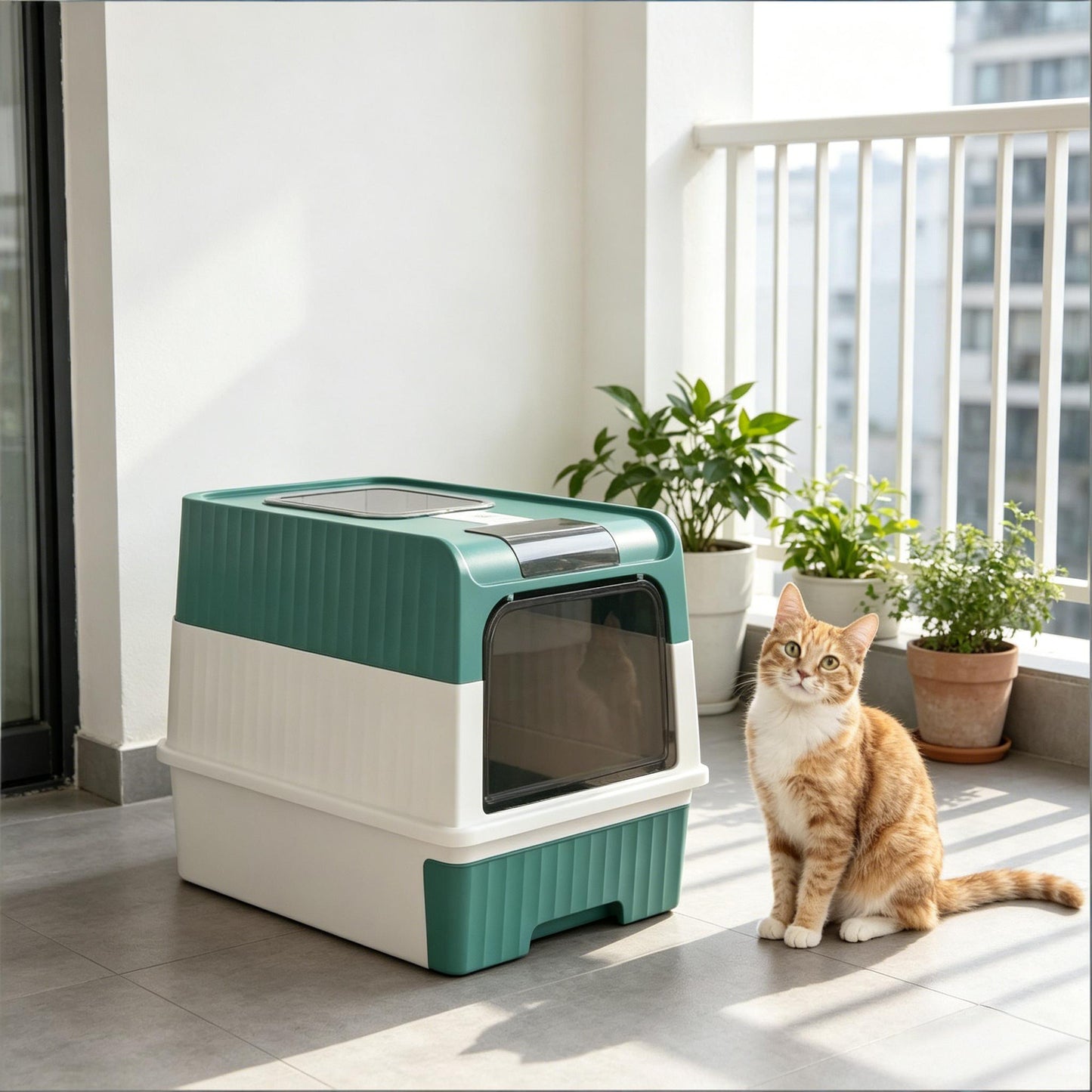 Enclosed Cat Litter Box with Slide-Out Tray - Black, Teal, White
