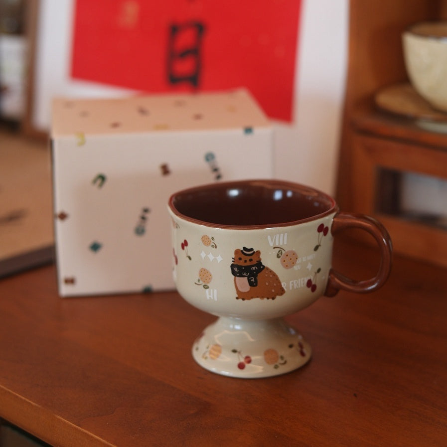 Antique Caramel Cat Ceramic Goblet - Cartoon Anime Design, 250ML