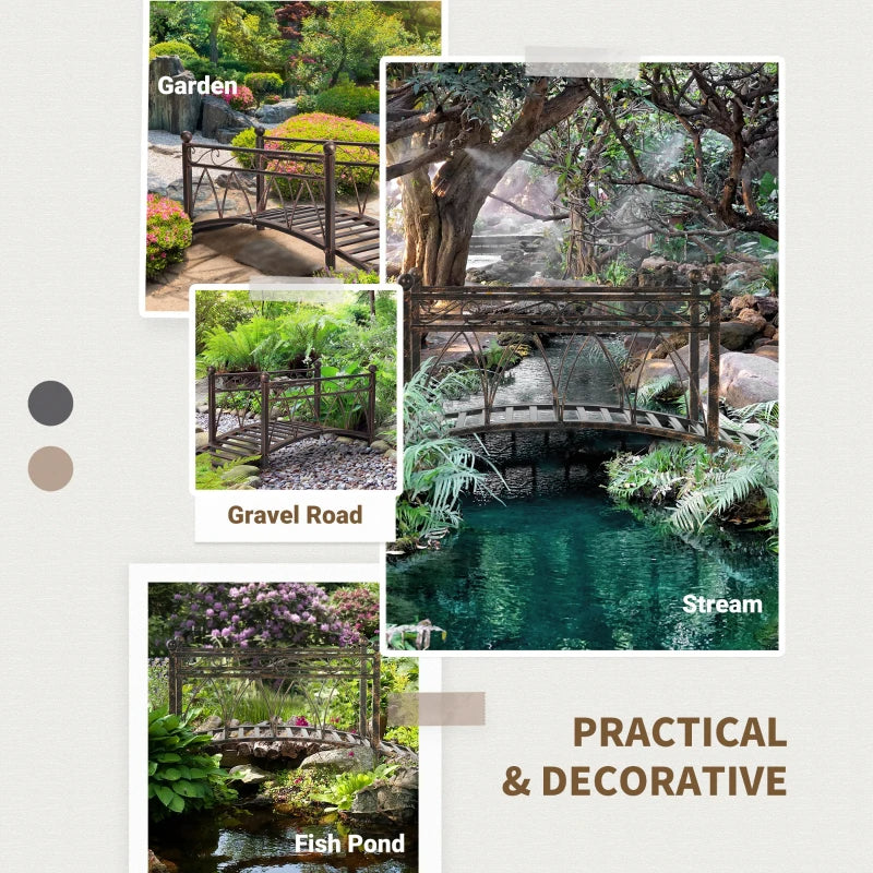 Bronze Metal Arch Zen Garden Bridge with Safety Siderails for Pond & Stream