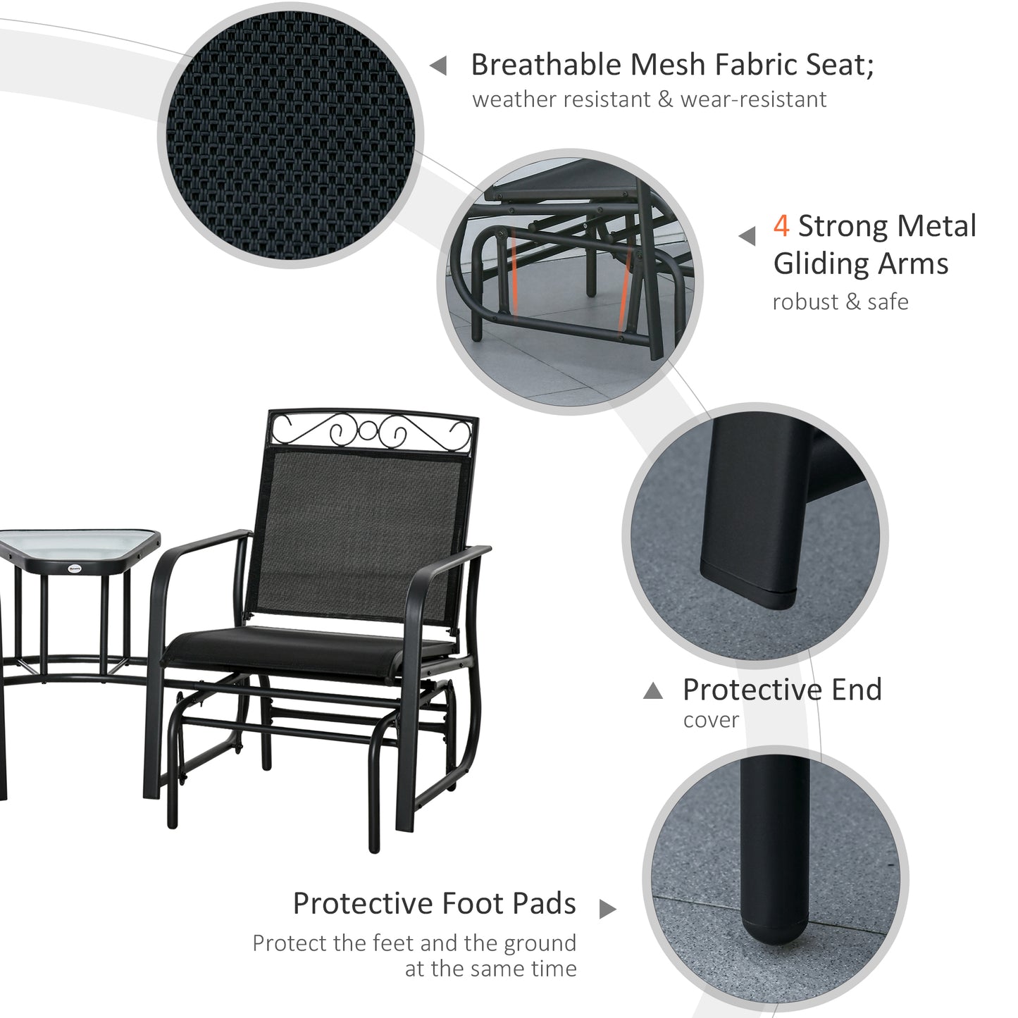 Black Outdoor Glider Chair with Coffee Table - 2-Seat Rocking Swing