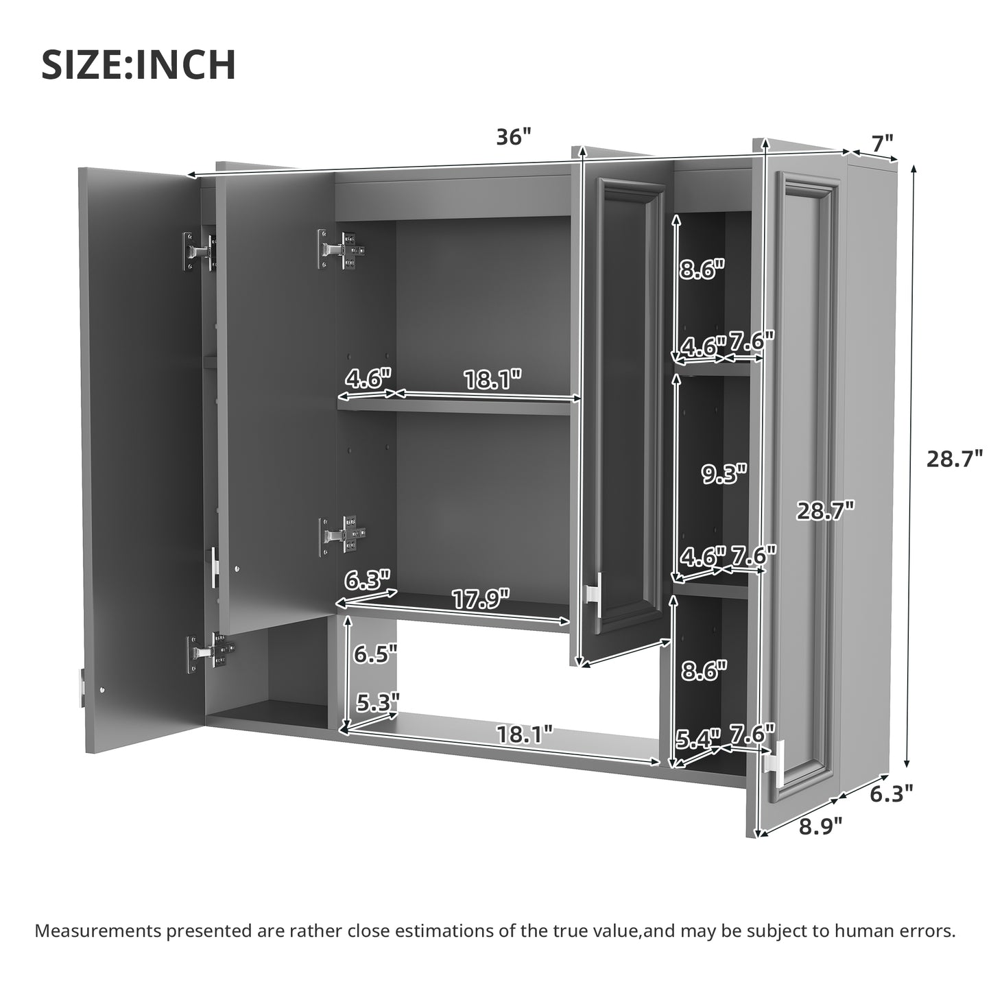 Wall-Mounted Modern Bathroom Cabinet with 5 Adjustable Shelves - Gray