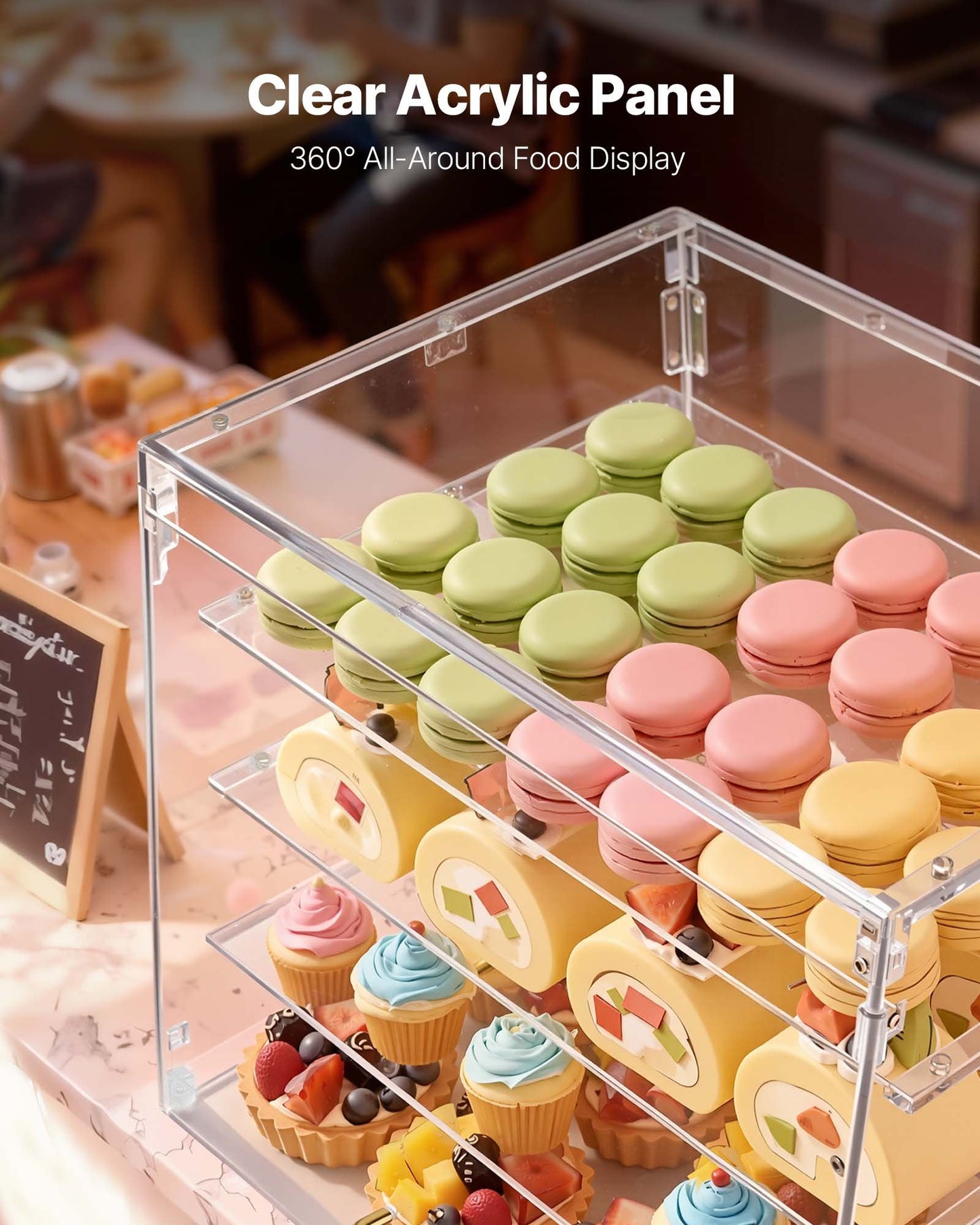 4-Tier Acrylic Bakery Display Case with Magnetic Rear Door for Pastries & Cake