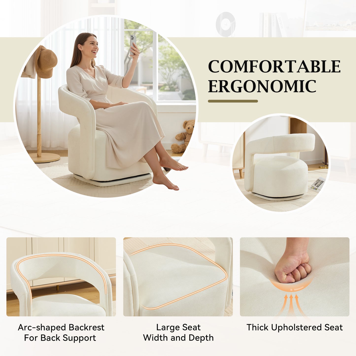 Comfy Chenille Fabric Swivel Accent Armchair - White