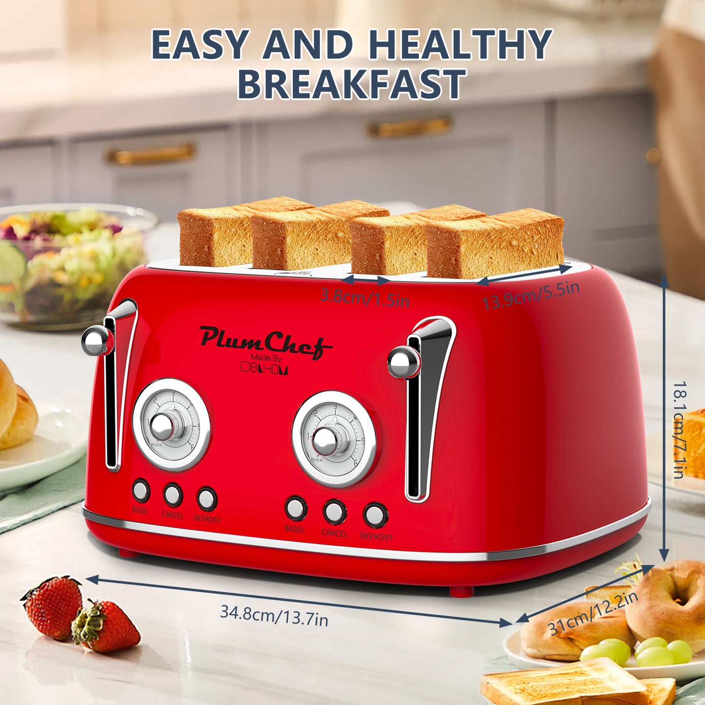 4-Slice Retro Toaster with Dual Control & 6 Browning Settings - Red