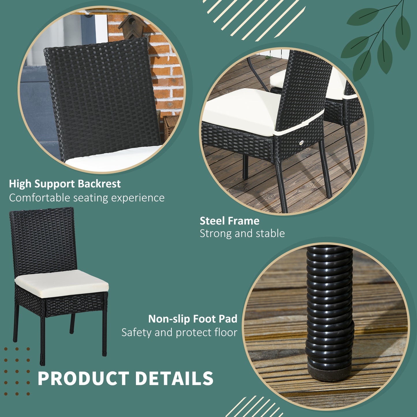 4-Piece Black Rattan Outdoor Dining Chair Set with Cushions