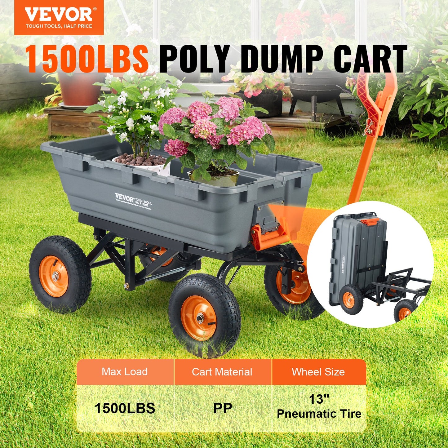 Heavy-Duty Garden Dump Cart 1500 Lbs Capacity with Steel Frame Black