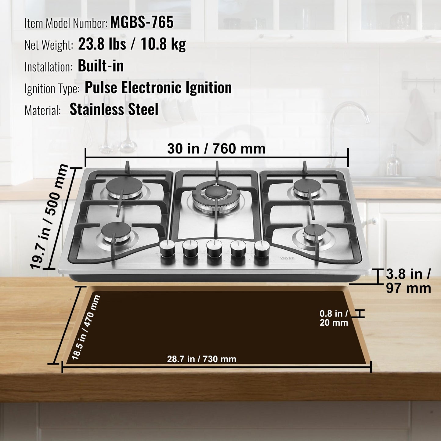 30-Inch Gas Cooktop with 5 Burners - Built-in Stainless Steel
