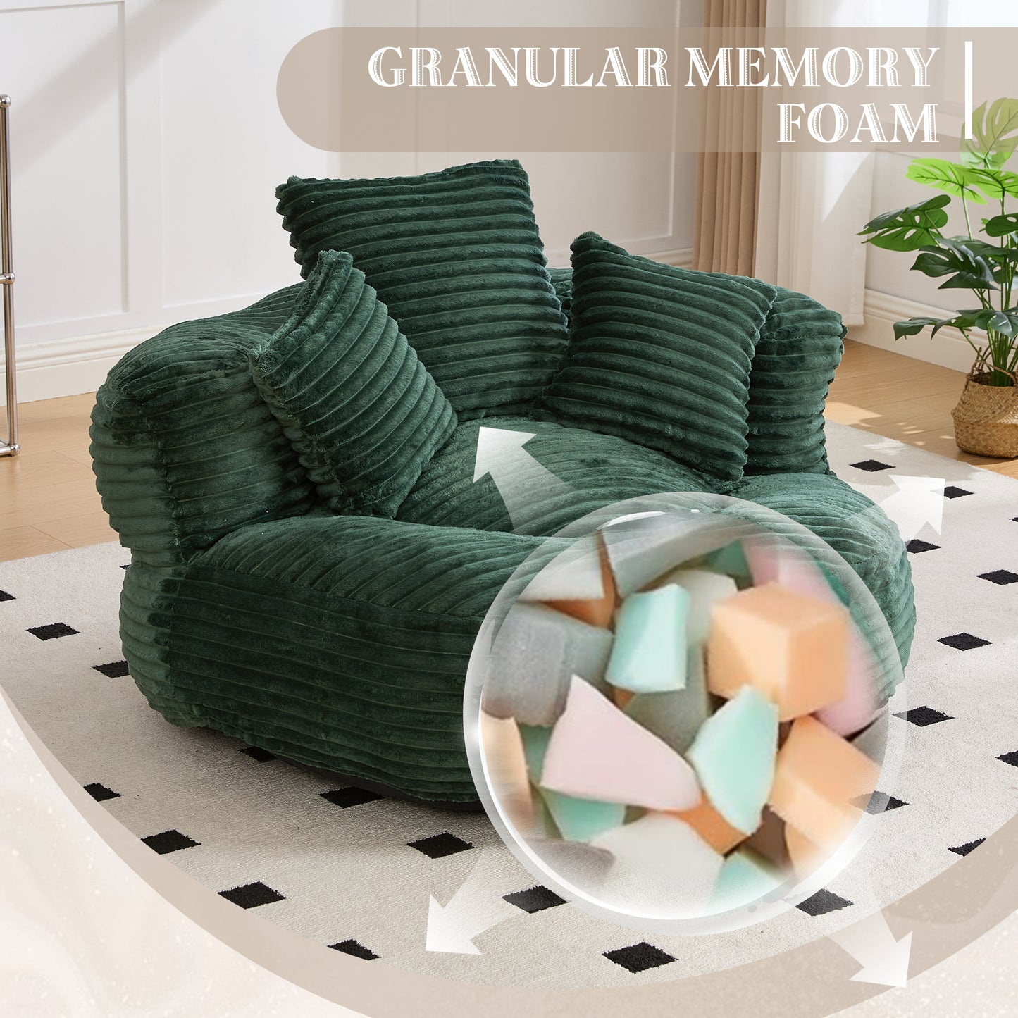 Oversized Corduroy Bean Bag Chair with 3 Pillows - Emerald