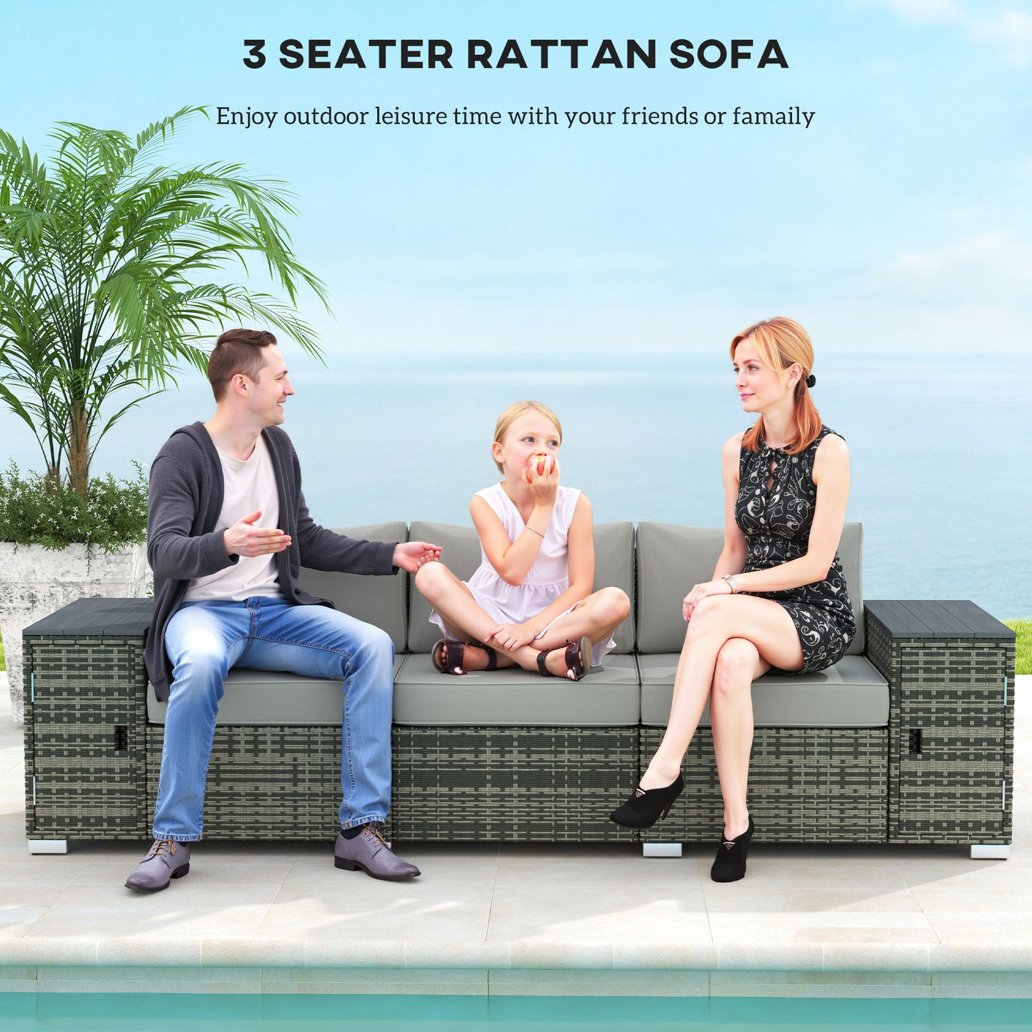 Gray Wicker Outdoor Couch with Storage - 3 Seater Sofa