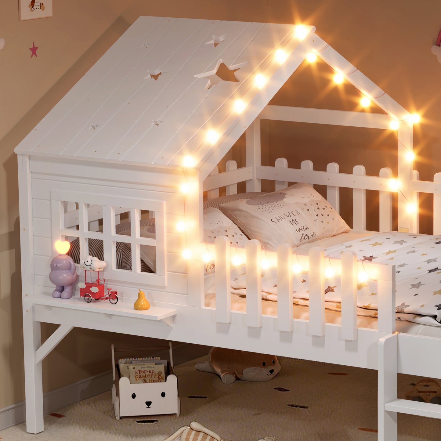 Full Size House Loft Bed with Slide & LED Lights - White