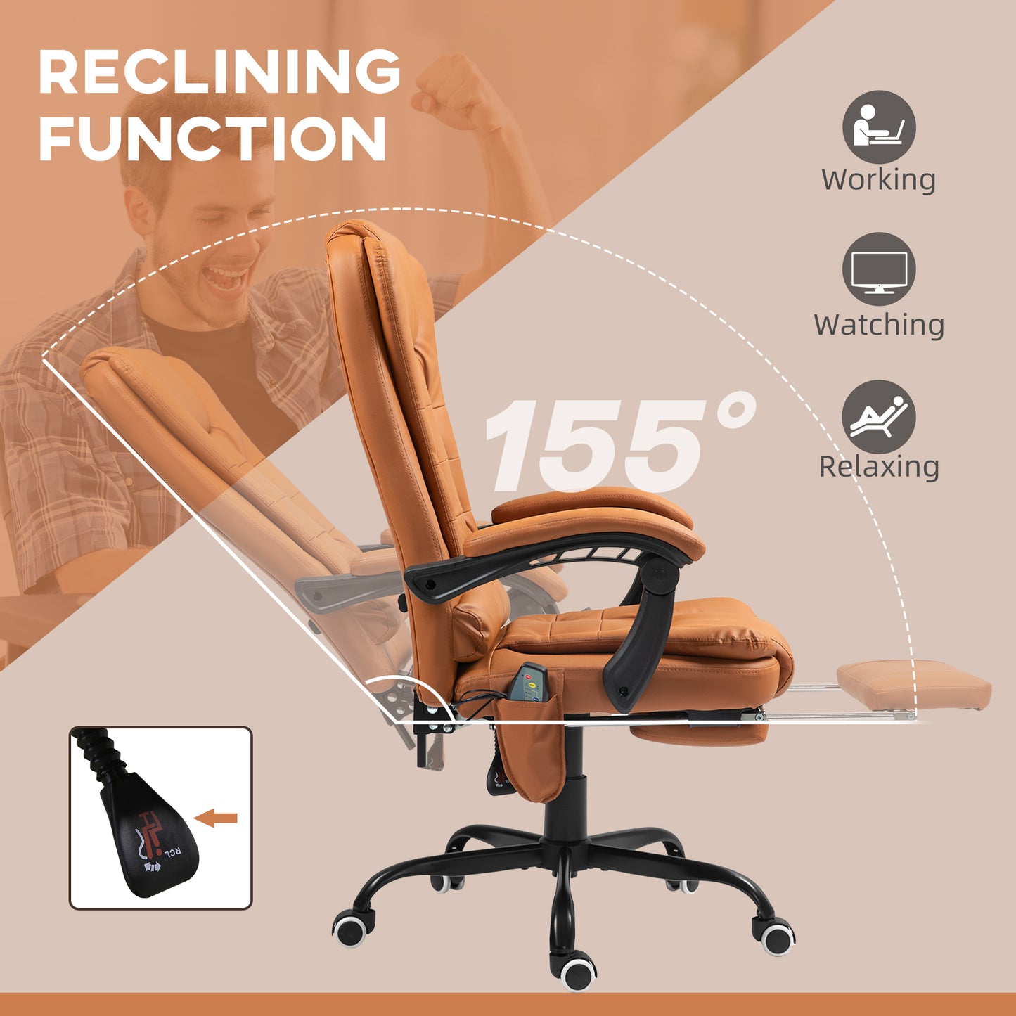 Vibrating Massage Office Chair with Lumbar Support & Footrest - Light Brown