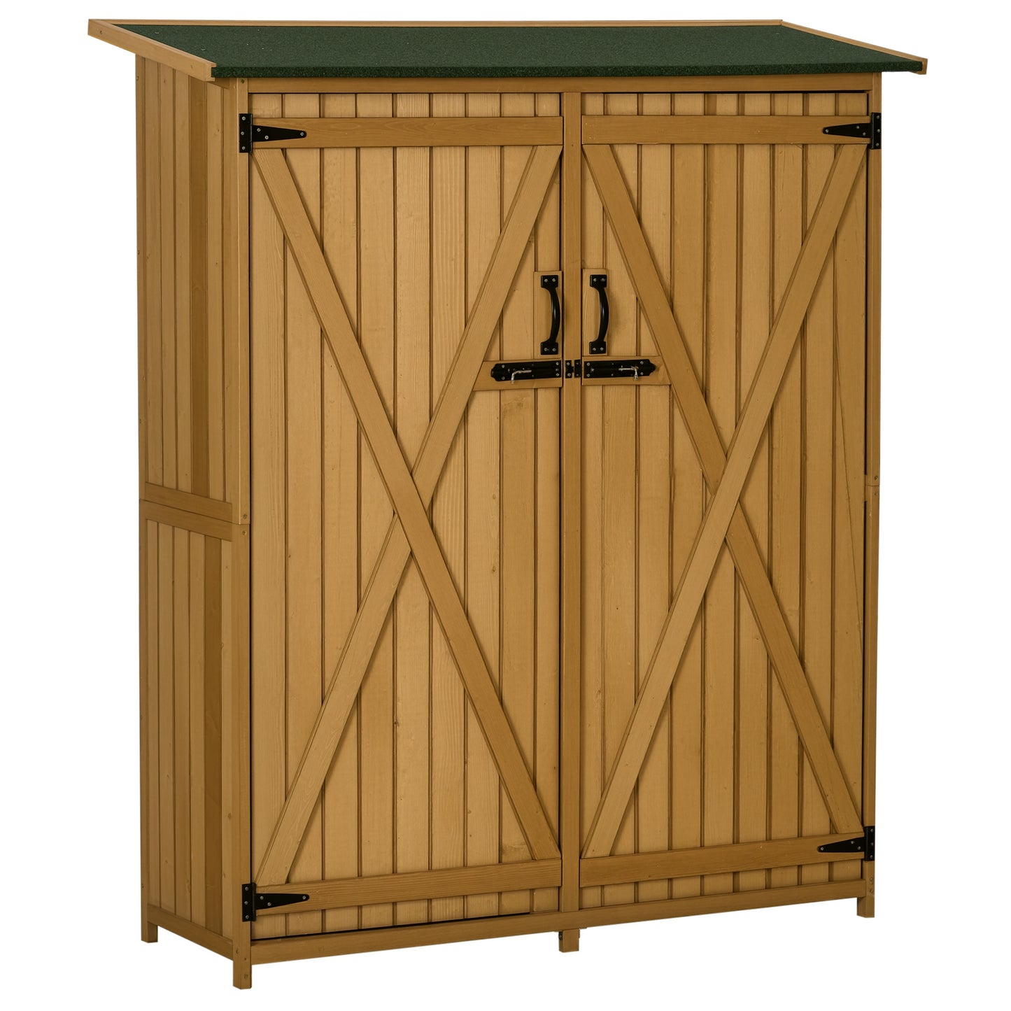 Outdoor Wooden Garden Storage Shed with Waterproof Asphalt Roof - Lockable, 3-Tier Shelves, Natural Finish
