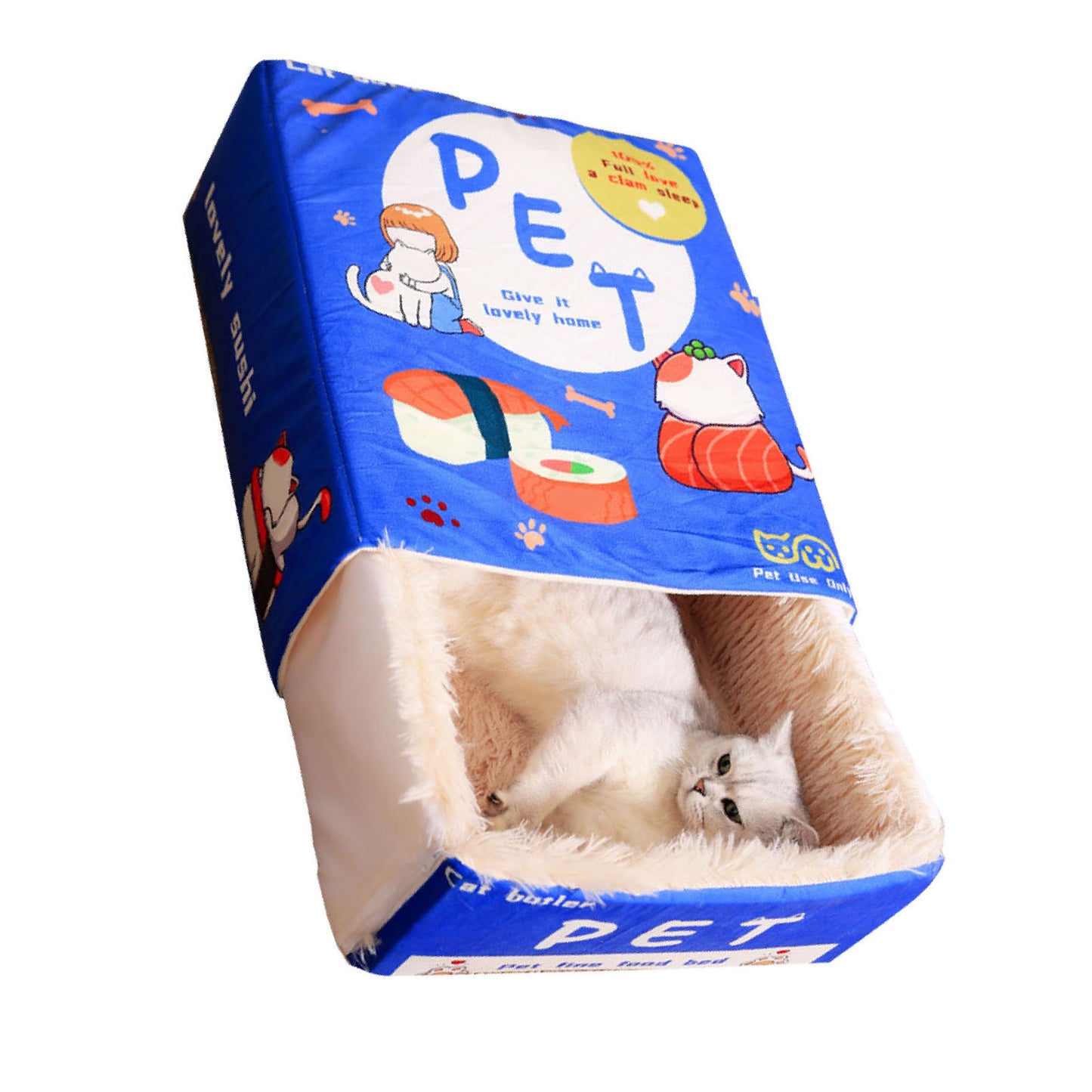 Cartoon Snack Box Cat Bed - Fully Enclosed, Soft, Multi-Season Pet Bed