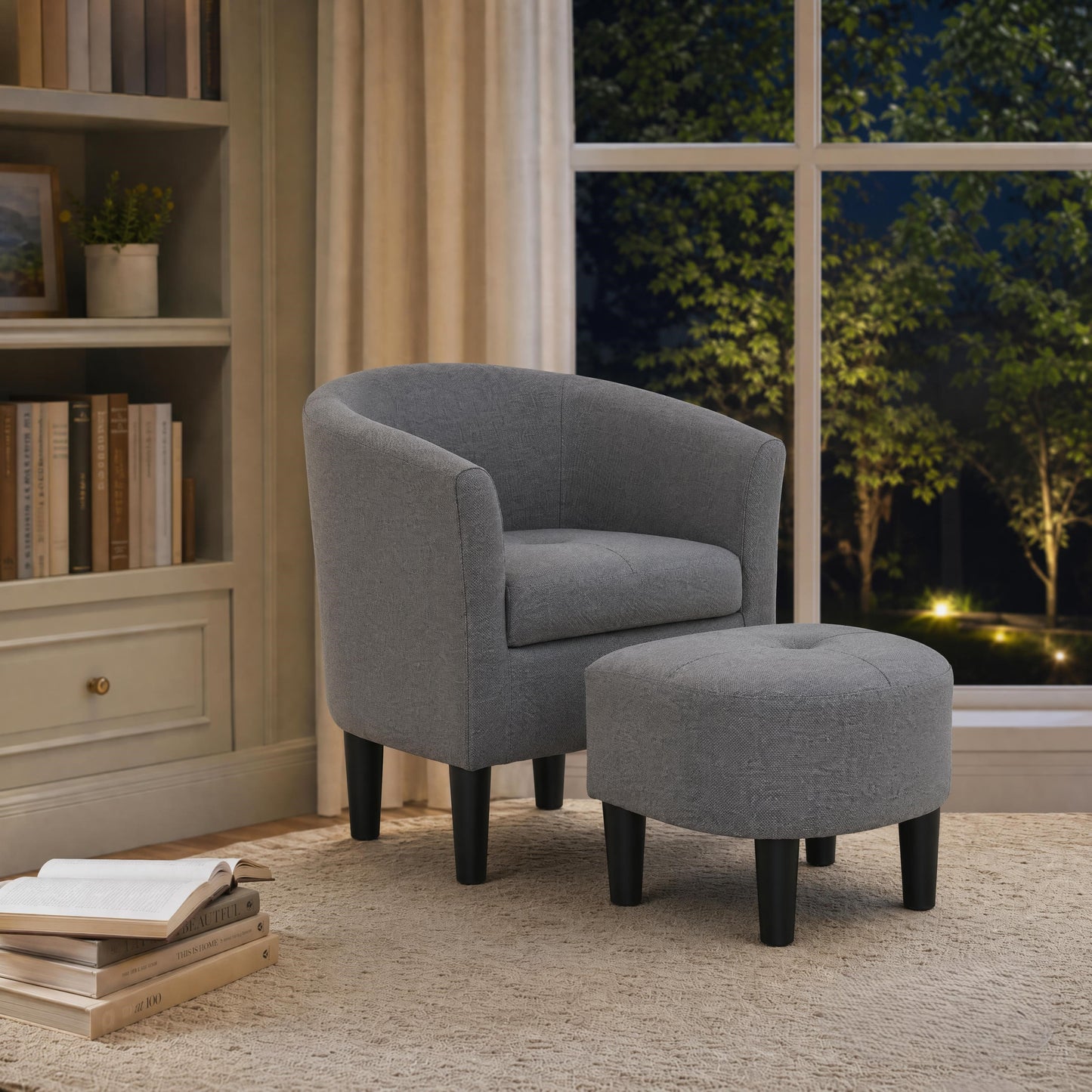 Gray Polyester Barrel Chair with Ottoman - 25.5" Wide
