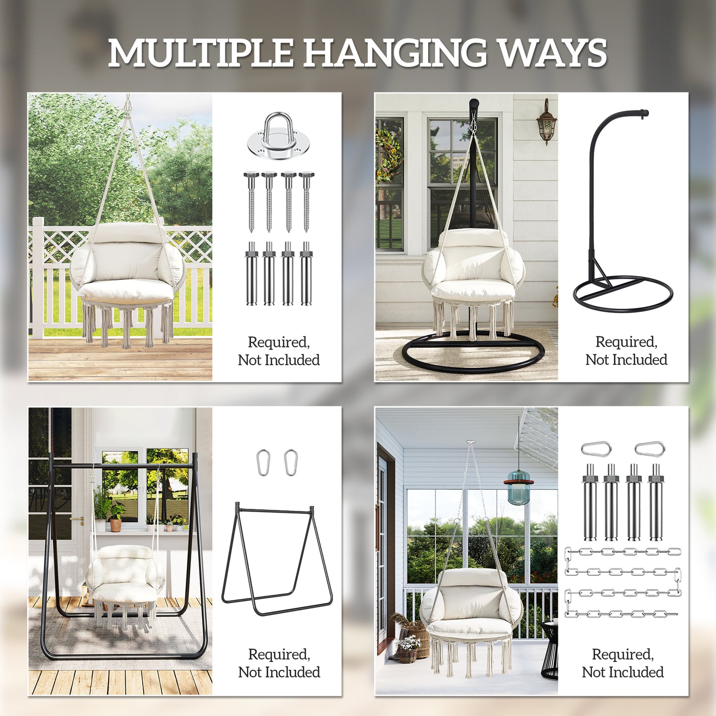 Macrame Hanging Hammock Chair with Large Cushion - Cream White