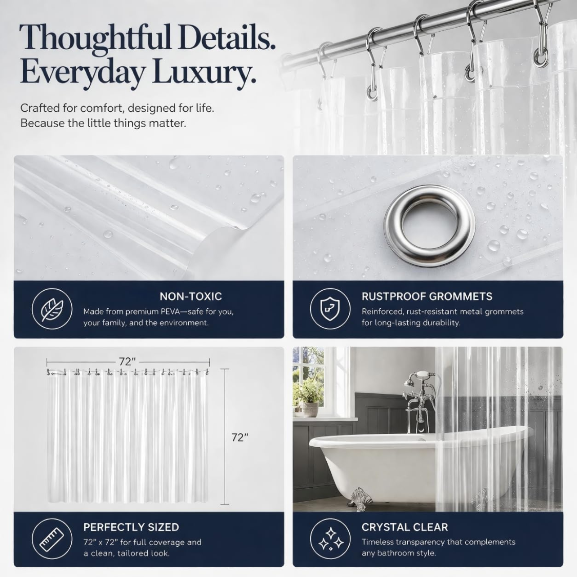 Crystal Clear PEVA Shower Curtain Liner - Waterproof & Odor-Free