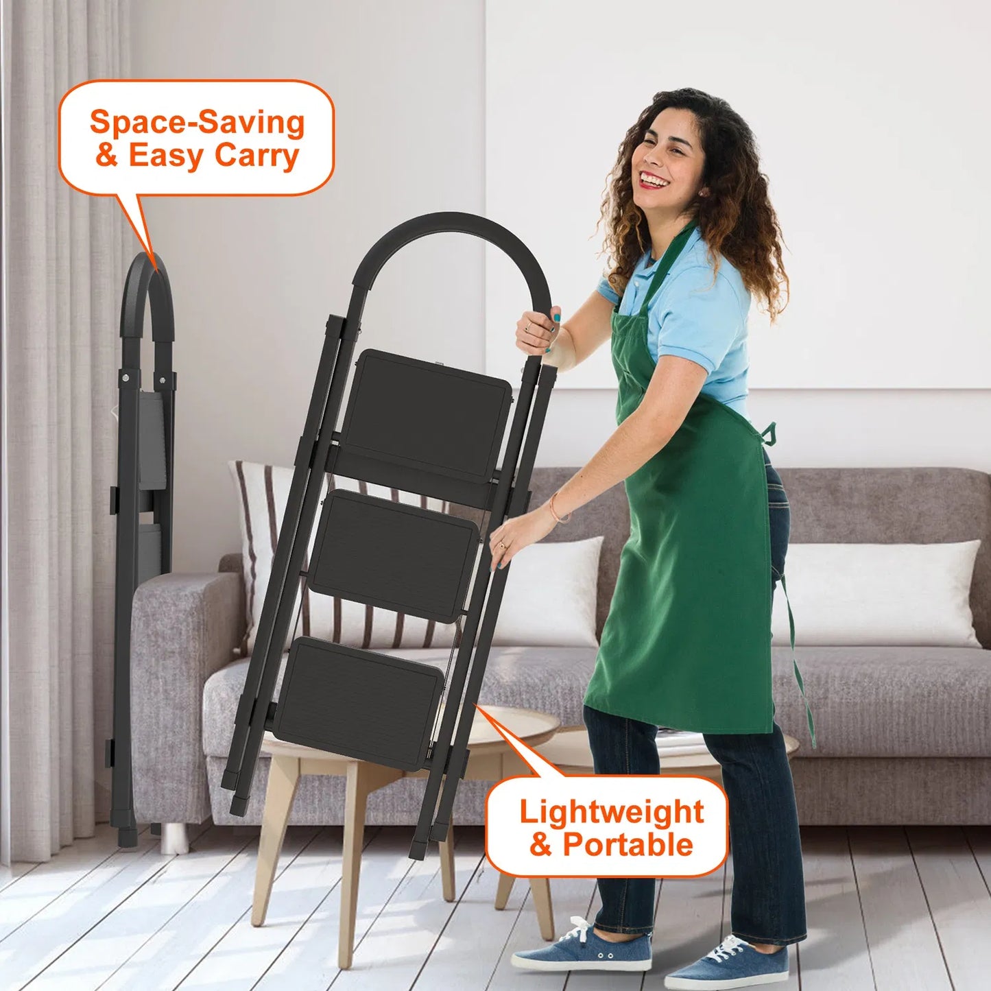 Foldable 3-Step Ladder with 330lbs Load Capacity, Lightweight Steel Construction