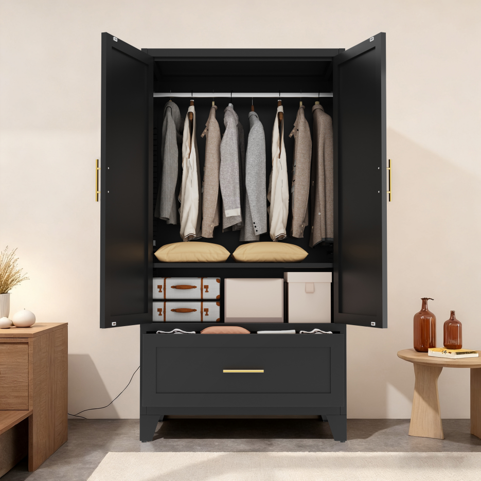 60-Inch Tall Metal Wardrobe Cabinet with Drawer and Shelf - Black