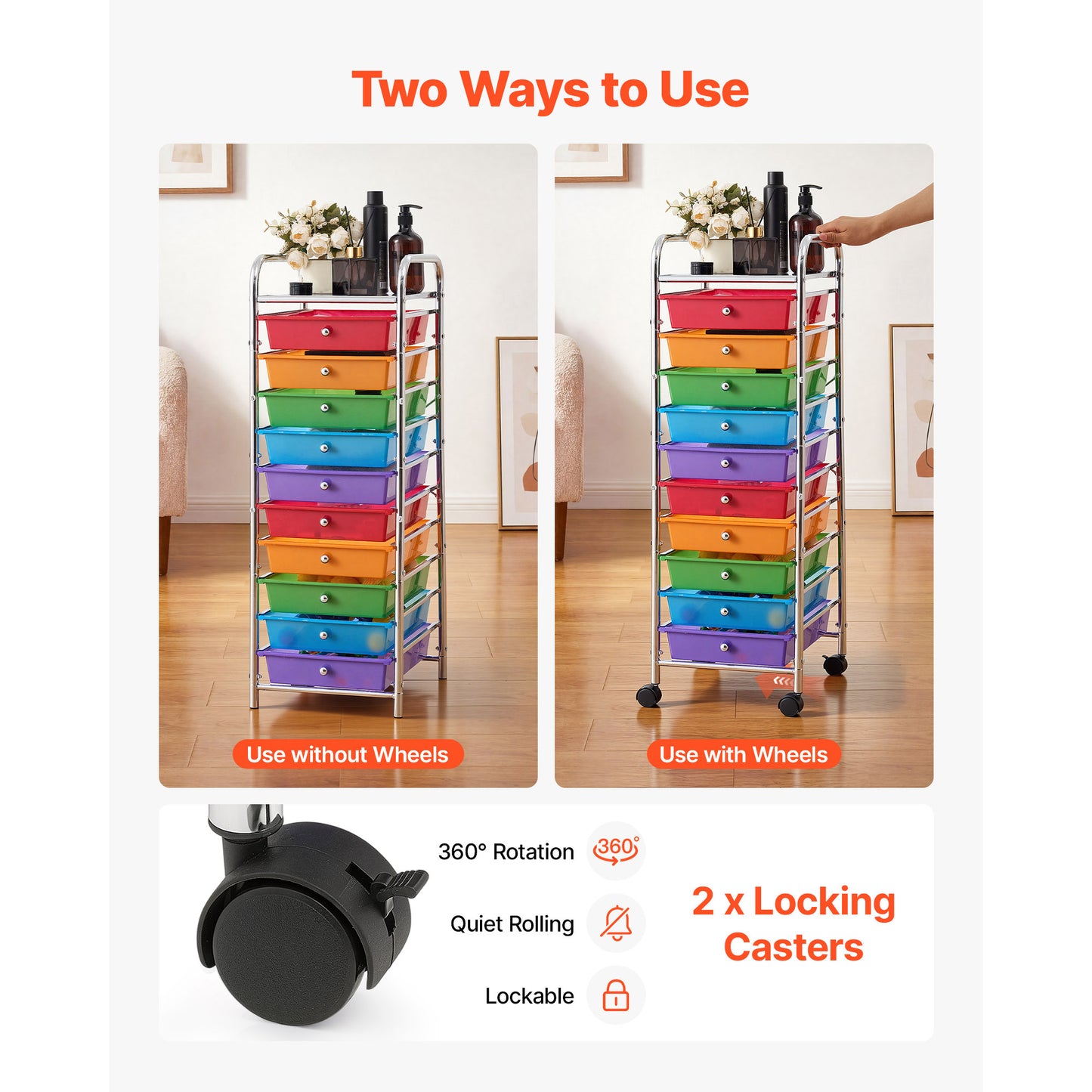 Rolling Cart with Drawers - 10-Drawer Mobile Storage Organizer for Office Garage
