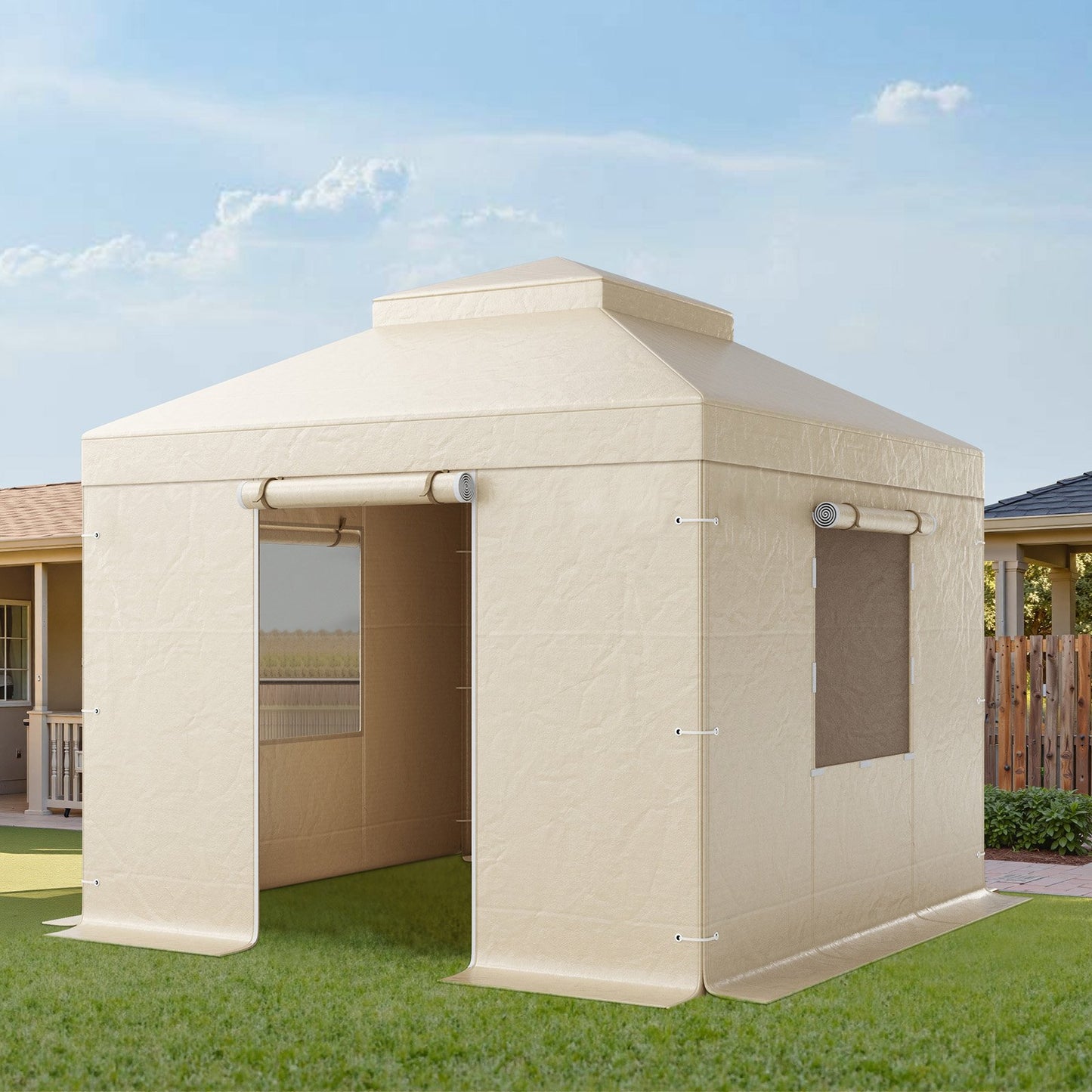 Winter Gazebo Cover for 10x10 Ft Double Roof Garden Gazebos Mesh with Windows - Beige