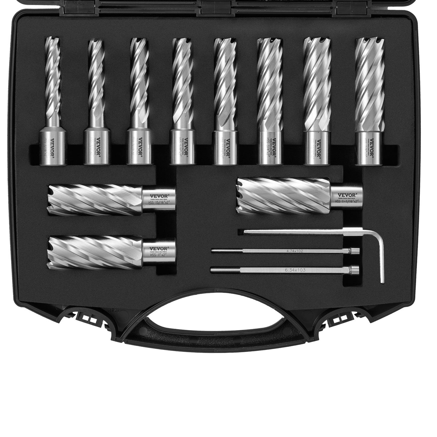 13-Piece Annular Cutter Set with Weldon Shank for Metal Drilling - 7/16 to 1-1/16 Inch Diameter, 2-Inch Depth, High-Speed Steel, Portable Case