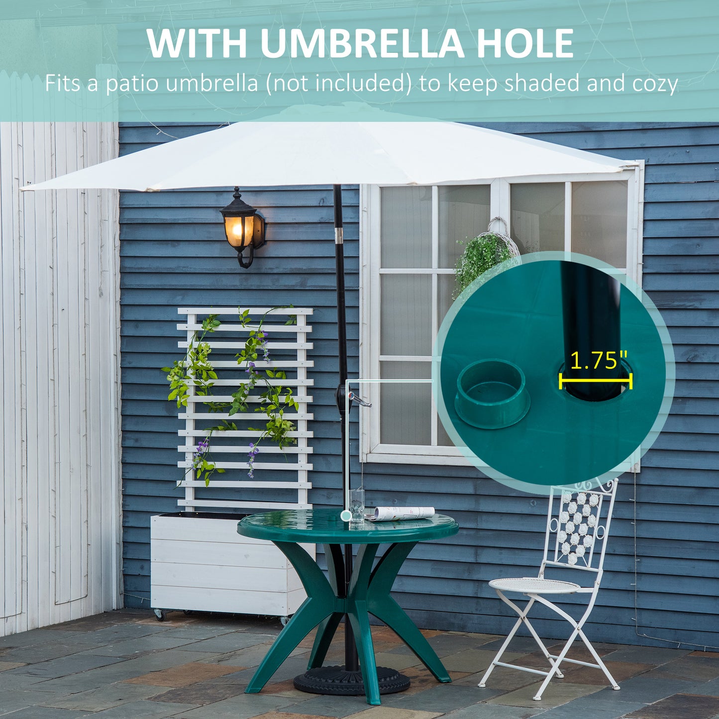 36.25" Round Outdoor Plastic Dining Table with Umbrella Hole - Green